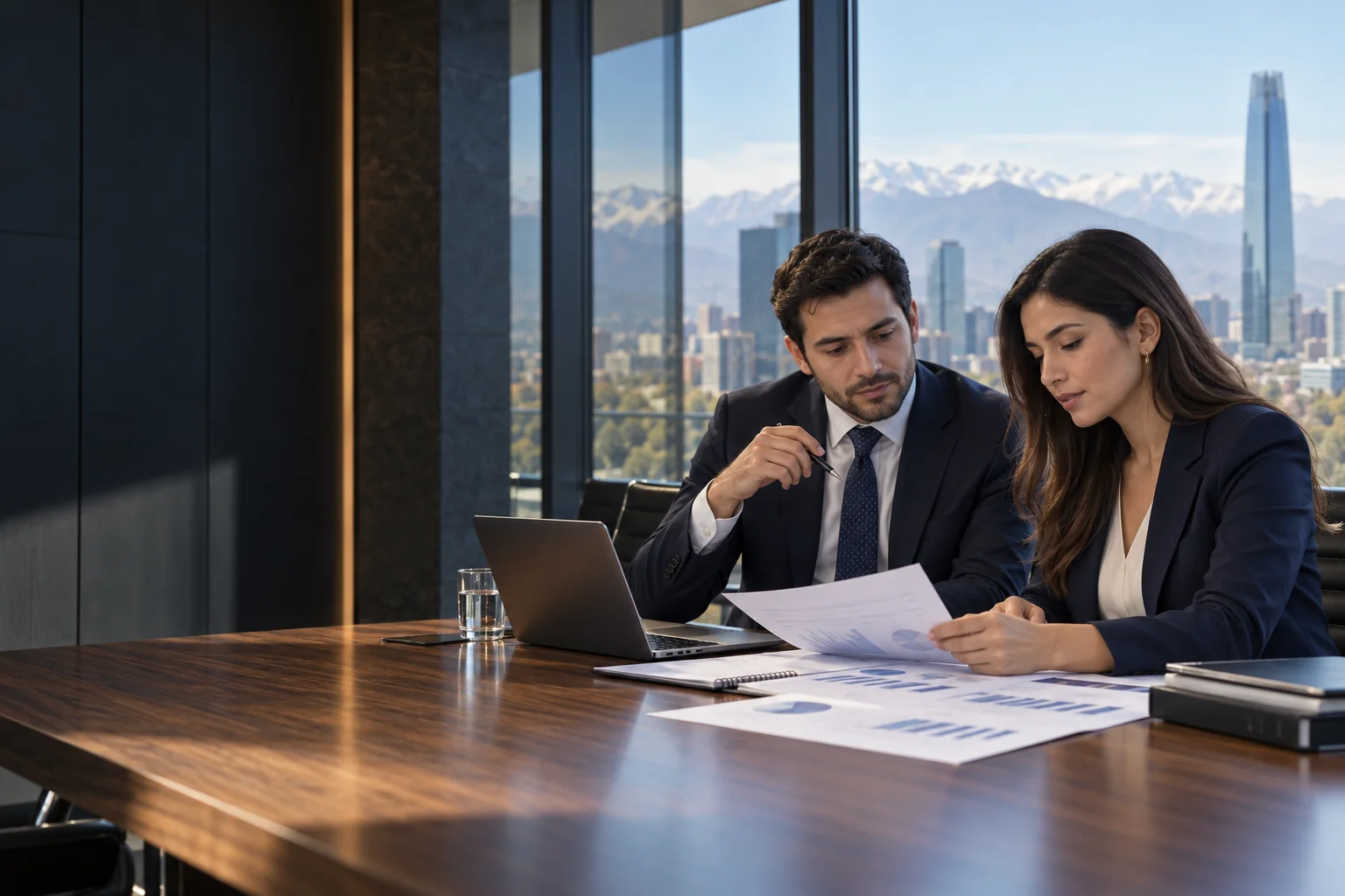 Profesionales revisando documentos financieros en una oficina